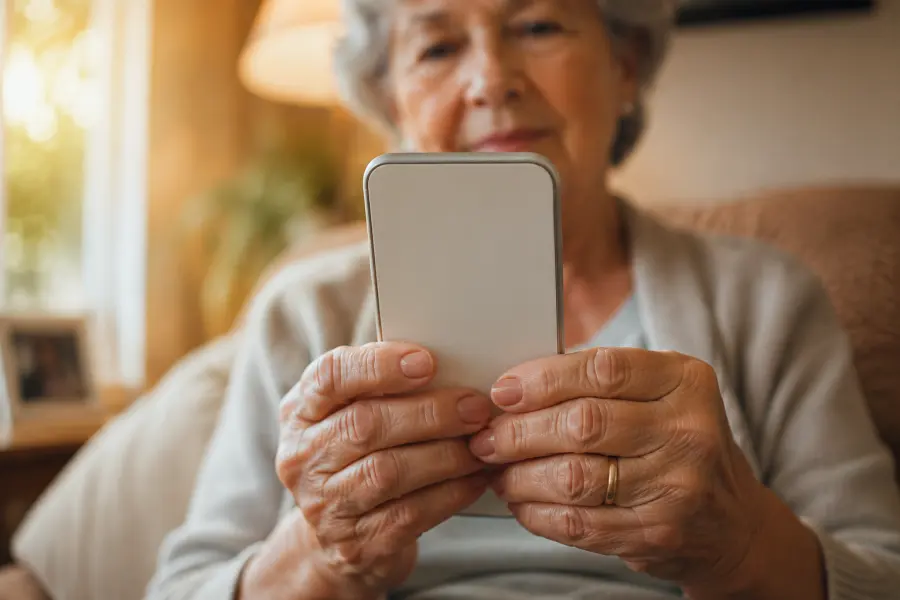 Senhora idosa segurando o celular com o convite