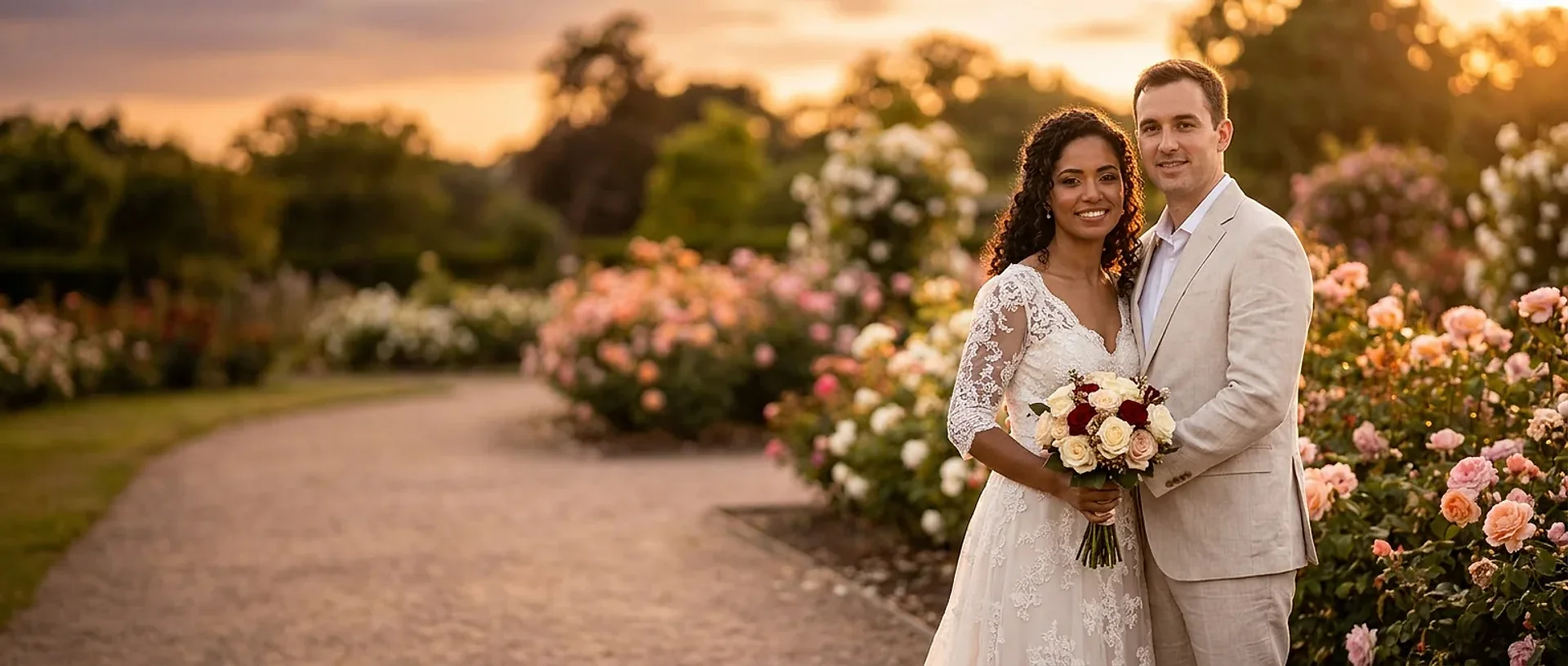 Casal de noivos sorridentes em jardim florido ao pôr do sol