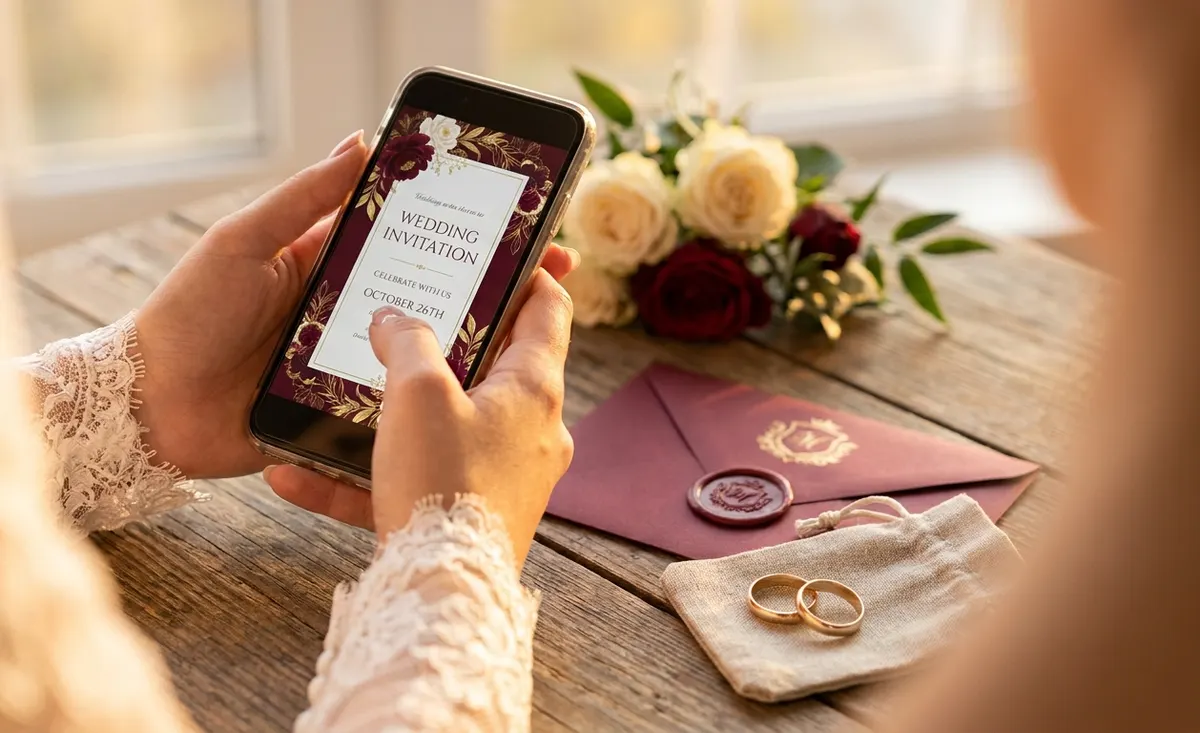 Mãos da noiva segurando o celular com o convite digital sobre mesa com rosas e envelope com lacre de cera