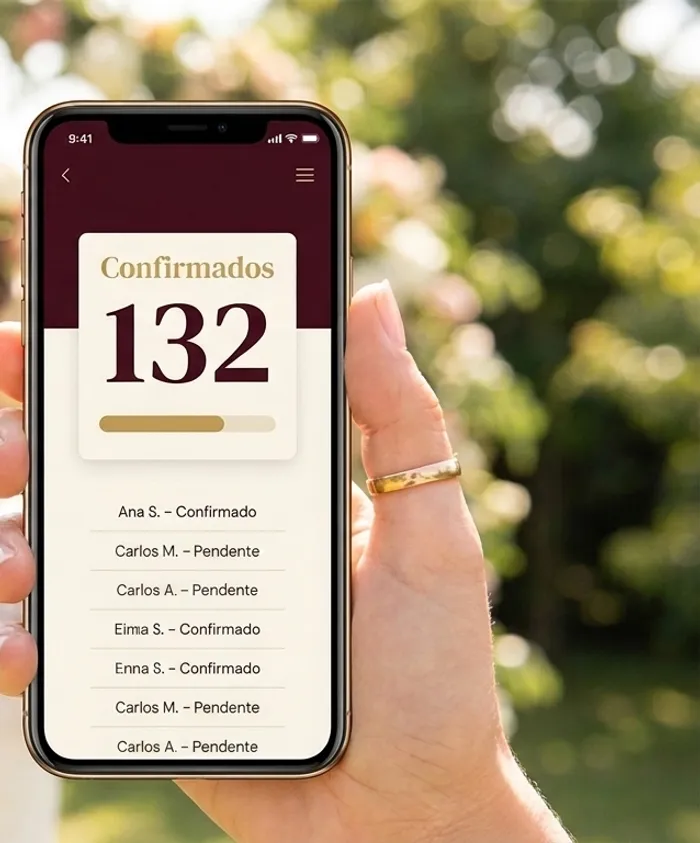 Painel de controle de convidados no celular mostrando 132 presenças confirmadas